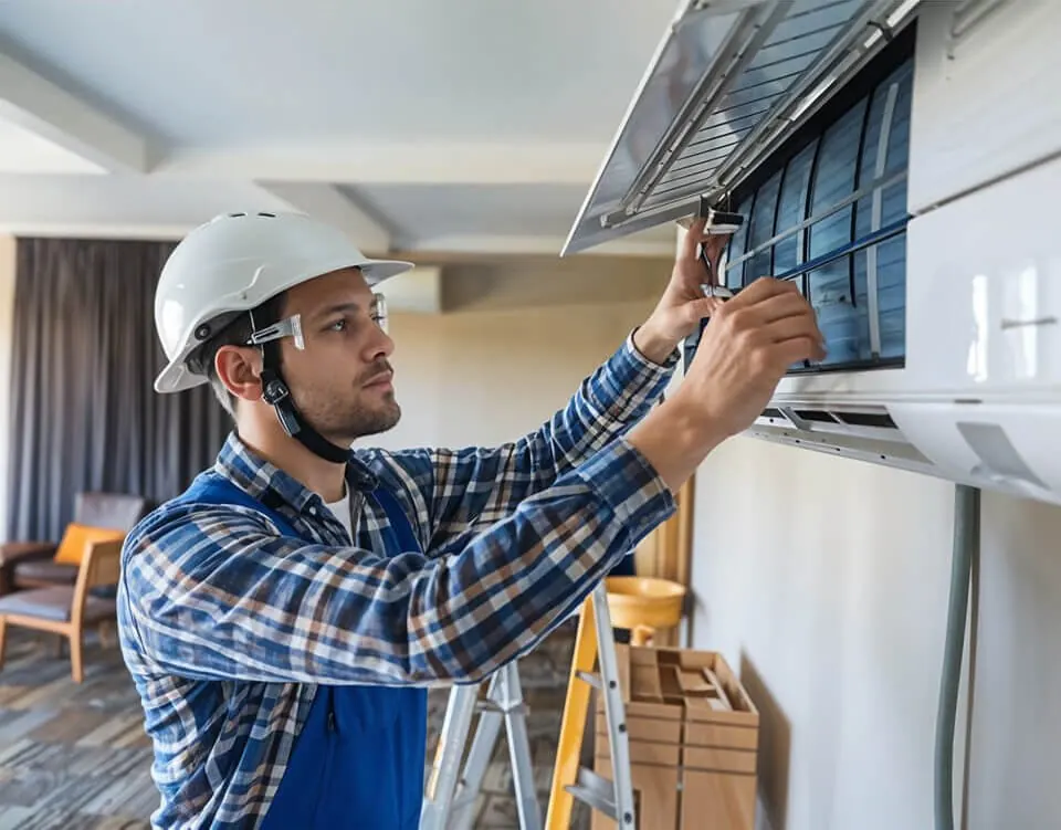 DAT AC Guy technician installing a ductless mini-split air conditioner in a New Orleans home
